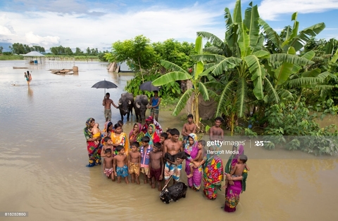 LALMONIRHAT, BANGLADESH - JULY 15 : Flood affected area on July 15, 2017 in Lalmonirhat, Bangladesh.

Flooding sparked by heavy seasonal rains and onrush of water from hills across the Indian borders have affected parts of Bangladesh and left hundreds of thousands homeless.

According to the Bangladesh Disaster Management Bureau around 1.5 million people have been affected by this year flood. Rivers in the north started to rise in early July and by the 20th of July nearly all of them started to flow over the danger level. It caused floods in 6 districts, namely, Lalmonirhat, Kurigram, Gaibandha, Jamalpur, Sirajganj and Sunamganj initially and inundated crop fields and dwelling areas, washed away standing crops, houses and households assets, livestock and displaced the affected people.Bangladesh is one of the most climate change-vulnerable and disaster-prone countries. The rivers of this country are facing tremendous environmental anomalies. They overflow during the rainy season but shrink in other seasons. Floods in Bangladesh are directly or indirectly related to sub-Himalayan countries like India, Bhutan, and Nepal. An understanding should be made to protect the eco-system in the regions to minimize the risks of flash floods, and to share the water resources as per international laws.PHOTOGRAPH BY Zakir Chowdhury/Barcroft Images

London-T:+44 207 033 1031 E:hello@barcroftmedia.com -
New York-T:+1 212 796 2458 E:hello@barcroftusa.com -
New Delhi-T:+91 11 4053 2429 E:hello@barcroftindia.com www.barcroftimages.com (Photo credit should read Zakir Chowdhury/Barcroft Media via Getty Images / Barcroft Media via Getty Images)